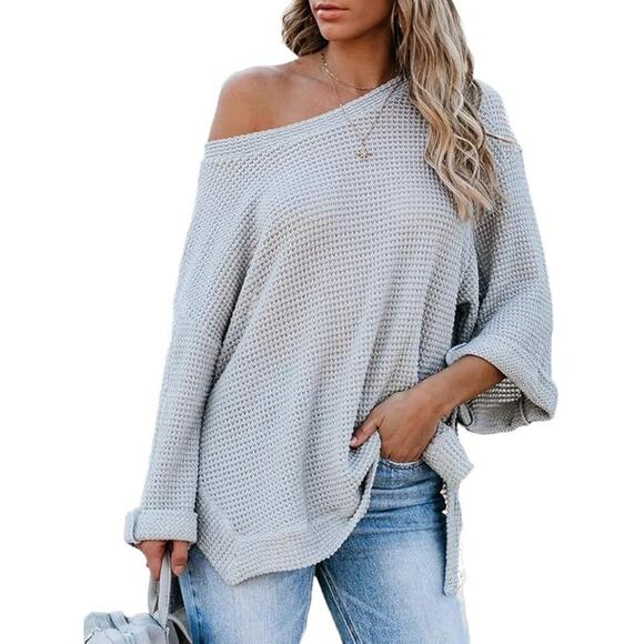 Women’s XL Oversized Gray Waffle Knit Off Shoulder Top - Picture 1 of 2